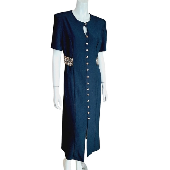 Vintage 90s Small Column Dress Button Front Animal Print Keyhole Neck - Picture 2 of 7